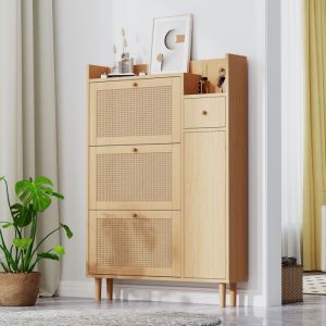 Meuble &agrave; Chaussures 90 cm &ndash; Rattan Naturel &ndash; 3 Portes Bascule + 1 Tiroir &ndash; Profondeur 17 cm &ndash; Id&eacute;al Entr&eacute;e &Eacute;troite Pieds Bois Massif