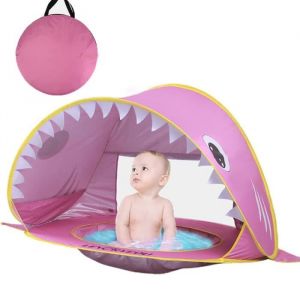 Tente de Plage Bébé avec Piscine Tente Plage Portable Requin Pop-Up  Amovible Abri de Plage Anti UV Intérieur Extérieur Rose