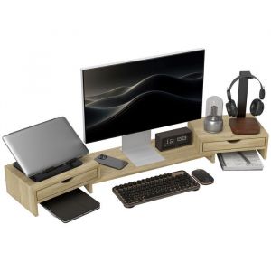 Rehausseur écran PC bureau - HOMCOM - 60-116 cm - 2 tiroirs - longueur et angle réglables - chêne
