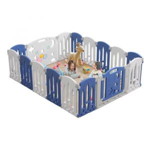 XMTECH Parc Bébé en Plastique 14 + 2 Panneaux d’Activité et Porte Barrière Sécurité Enfant 1935x150cm Clôture Pliant de Protection