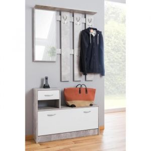 Meuble dentr&eacute;e avec &eacute;tag&egrave;re &agrave; chaussures et miroir - cm 100 x 25 h180 - Style et design contemporain blanc et gris