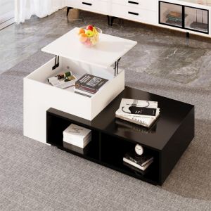 Table Basse Relevable Extensible avec Rangement - Table Basse Salon - Bois - Blanche et Noir - Scandinave Design - Coffre