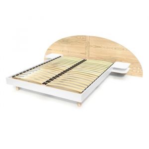 ABC MEUBLES Lit adulte ARC bois avec t&ecirc;te et chevets int&eacute;gr&eacute;s 140x190 Blanc/Vernis naturel