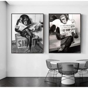 Dr&ocirc;Le Singe Affiche Et Lecture Entreprise Journal Toile Tableau Peinture Toilettes D&eacute;Cor Noir Blanc Animal Murale 40x60cm Sans