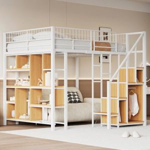 Métal Lit Mezzanine 140 x 200 cm avec Étagère Lit Mezzanine 1 Place avec Espace de Stockage pour Enfant Blanc (sans Matelas)