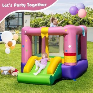 GOPLUS Aire de Jeux Château Gonflable avec TobogganTrampolineJeu de Basket pour 2 Enfants de 3-12 Ans avec Souffleu