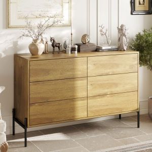 Commode avec 6 Tiroirs et Pieds en Métal Meuble de Rangement en Bois Massif Chambre Salon et Bureau 120x40x78.5 Chêne