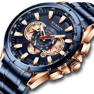 Montre Homme Marque de Luxe Chronographe Bracelet Acier Dateur Etanche Lumineux Quartz Analogique 12/24 Heures Dor Rose Bleu