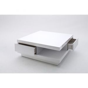 Table basse blanc laque brillant avec 2 tiroirs - L85 x H30 x P85 cm