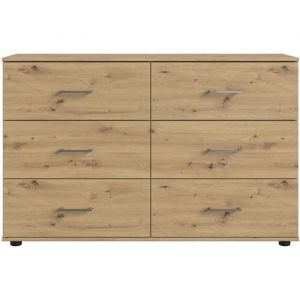 Commode meuble de rangement coloris imitation ch&ecirc;ne Artisan-chrome brillant - Longueur 130 x Hauteur 83 x Profondeur 41 cm