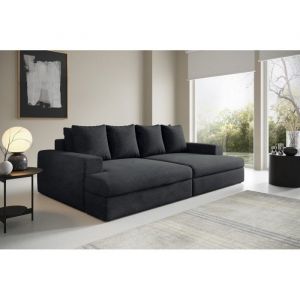 Canapé droit 4 places CALDERO Noir avec double méridienne - assise profonde - velours côtelé