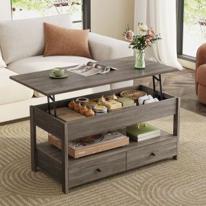 Table Basse HavenlyHome Table de Salon avec Plateau Relevable2 Tiroirs Rangement et Compartiment Caché 49x104x46 à 62 cm Gris