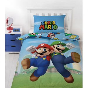Super Mario Parure de Lit Enfant Imprimée Réversible Modèle Mario et Luigi Housse de Couette 140x200 cm Taie d’Oreiller 63x63
