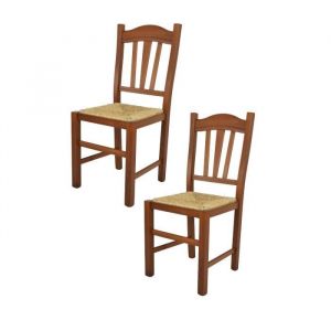 Tommychairs - Set 2 chaises cuisine SILVANA robuste structure en bois de h&ecirc;tre peindr&eacute; en noyer clair et assise en paille