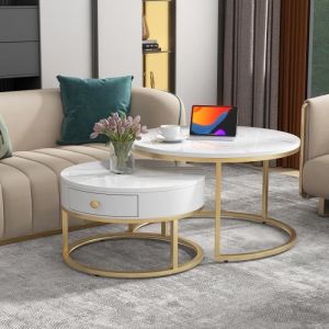 2 en 1 Table basse ronde Table basse gigogne moderne motif marbre brillant Table dappoint ronde gigogne70*70*48cm+50*50*43.5cm