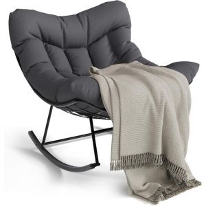 Fauteuil &agrave; Bascule en Osier Surdimensionn&eacute; GRIS - Coussin &Eacute;pais Inclus - Pour Jardin Terrasse ou Balcon