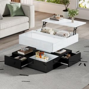Table basse relevable 70 x 70 cm plateau pivotant 360&deg; 3 tiroirs rangement cach&eacute; noir et blanc