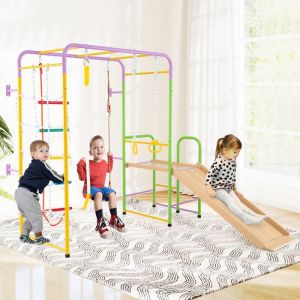COSTWAY Gymnase Montessori 8 en 1 : Mur descaladeBarres Echelle Corde &agrave; Grimper Anneaux Balan&ccedil;oire Toboggan et Grimpeur