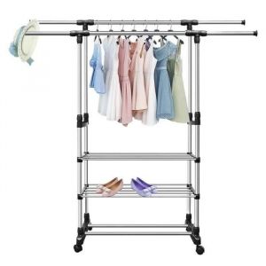 Portant &agrave; v&ecirc;tement r&eacute;glable en acier inoxydable penderie vetement extensible Double tringle avec roulettes et 3 &eacute;tag&egrave;re de