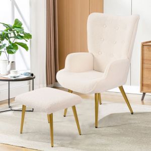 LUMINARIX Fauteuil scandinave avec Repose Pied  Fauteuil salon Fauteuil de chambre  Blanc  Teddy velours 68 x 47 x 995 cm