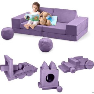 Canap&eacute; Enfant Convertible 12 PCS en Mousse-Housses Amovibles et Lavables-Chauffeuse Enfant 2 Places Transformable violet