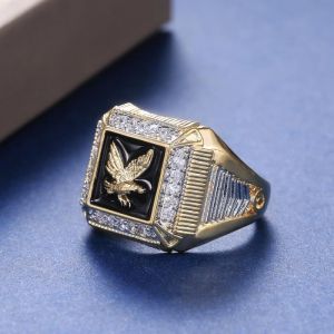 Bague pour homme en or 14K avec anneau aigle Zirconium cubique Bague aigle américain Taille 62