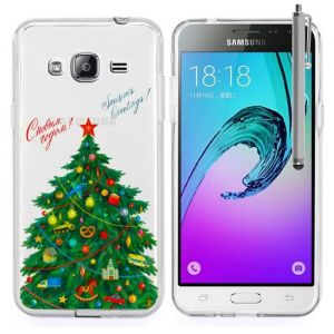 Pour Samsung Galaxy J3 (2016) J320F : Coque silicone TPU Transparente Ultra-Fine Dessin Thème Noël + Stylet - Xmas Arbre