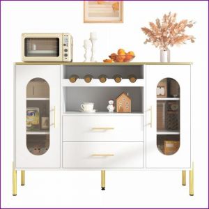 Server &amp  Buffet Moderne &ndash; Sideboard Blanc avec Vitres Rack &agrave; Vin &amp  Accents Dor&eacute;s &ndash; Pour Cuisine &amp  Salon