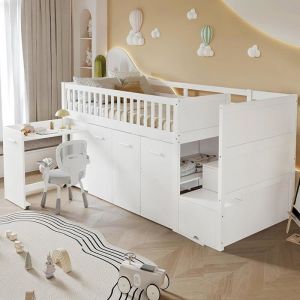 Lit superpos&eacute; Enfant 90x200lit cabane Enfants avec Barriere 90x200lit Mezzanine 1 Place escalieravec Blanc blanc LITS SUPERPOSES