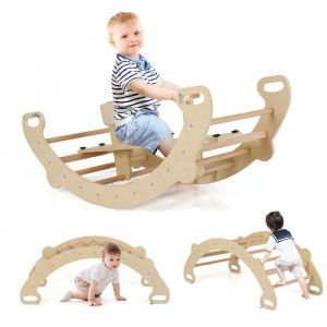 DREAMADE Jouet &agrave; Bascule 4 en 1 en Bois pour Enfant 1+ Ans Jouet Montessori avec Arche descalade Tunnel Rampant Cheval &agrave;