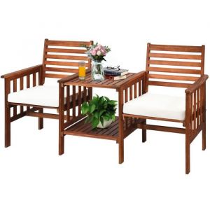 COSTWAY Salon de Jardin en Bois dacacia Charge 160KG Banc de Jardin 2 Places et Table Extérieur avec Trou de Parasol de 5CM