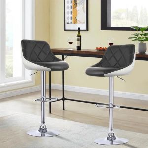 Lot de 2 chaises de PU-MENGDA-Tabouret de bar-R&eacute;glage en hauteur- Avec dossier-Jusqu&agrave; 120kg-Noir devant et blanc derri&egrave;re