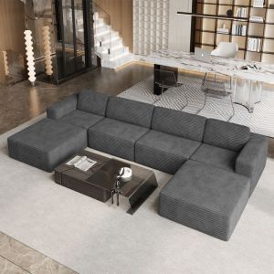 Grand canap&eacute; dangle modulable en Velours C&ocirc;tel&eacute; 4 places et 2 pouf 404x202x82cm Gris