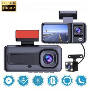 Cam&eacute;ra Embarqu&eacute;e VoitureTrois enregistrements1080P HD Cam&eacute;ra de Voiture Avant et Arri&egrave;re Dache Cam Grand Angle 170&deg;