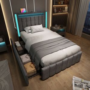 Lit coffre lit capitonné 90x200cm avec USB Type C éclairage LED et 2 tiroirs sommier à lattes en bois - gris