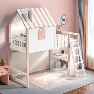 Lit Superposé Lit mezzanine Lit denfant 90×200cm avec escalier et rangement Barrière de sécurité et baldaquin Sommier en bois