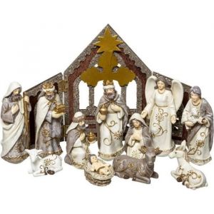 Cr&egrave;che de No&euml;l - OSE - Compl&egrave;te avec 11 Santons - Effet Bois Blanc et Dor&eacute; - Dimensions Vari&eacute;es