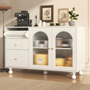 Buffet Moderne - REDOM - 120x40x755cm - 2 Portes en Verre - 3 Tiroirs - Blanc Laqué