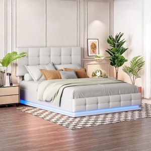 140x200cmLit capitonn&eacute; avec &eacute;clairage LED et rangement &agrave; relevage hydraulique coffre de lit et sommier &agrave; lattes en simili cuir