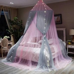 Ciel de Lit Enfant Baldaquin Rideaux De Lit Tente de Jeu Intérieur Décoration Chambre Princesse Moustiquaire -Rose+Gray
