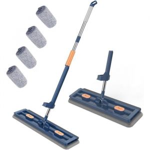 Large Flat Mop,Serpillère avec Fonction Essorage,Balai Plat Microfibre ,360° Rotation Balai Serpillère Absorbant avec 4 Tampons,Bleu