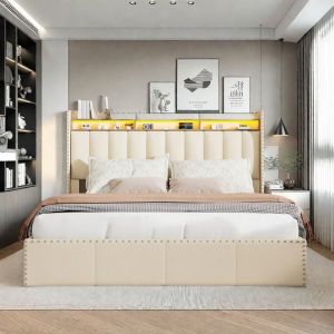 Lit coffre double 140x190 cm avec LED et rangement en veloursSommier inclusLit adultelit 2 personnesCoffre de rangementBeige