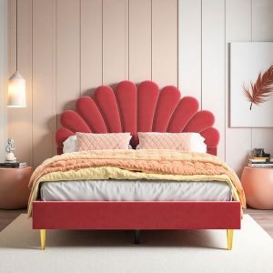 Lit Double 140x200cm T&ecirc;te Lit P&eacute;tale Cadre Acier Robuste Lit Capitonn&eacute; Velours Rouge Vin