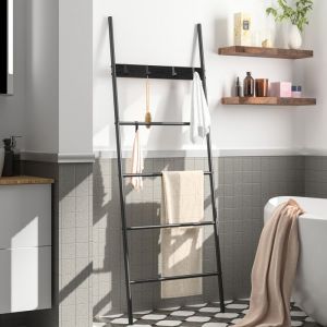 HOOBRO Porte-Serviettes sur Pied Étagère Échelle 5 Amovibles Crochets 60 x 177 cm pour couvertures vêtement journaux Noir
