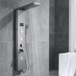 Colonne de Douche Hydromassage en Inox Panneau de Douche avec 5 Fonctions Douchette &agrave; main Lumi&egrave;res LED et &Eacute;cran Affichage
