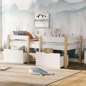 Lit mi-hauteur 90x200cm avec 2 maxi tiroirs - Blanc/Bois - Sommier inclus Lit enfant avec sommiers à lattes