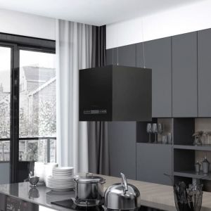 Hotte suspendue &icirc;lot noire MVP - LCD tactile 37cm - silencieuse - acier enduit de poudre