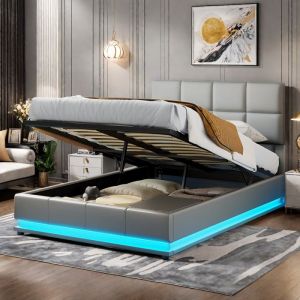 Lit 140x200 cm - Lit adulte avec LED - Lit coffre 140x200 cm avec coffre de rangement et tete de lit - Lit 2 personne - PU - Gris