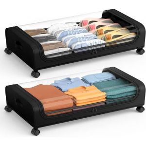 Bo&icirc;te de Rangement Sous Lit avec Roulettes Organisateur de Rangement en Rigides avec Couvercle pour V&ecirc;tements Chaussures 2Pack