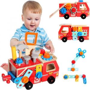 Malette Outils Enfant en Bois Camion de Pompier Montessori avec Jouet Bois Caisse a Outil - Jeux de Construction Voiture de 3 Ans